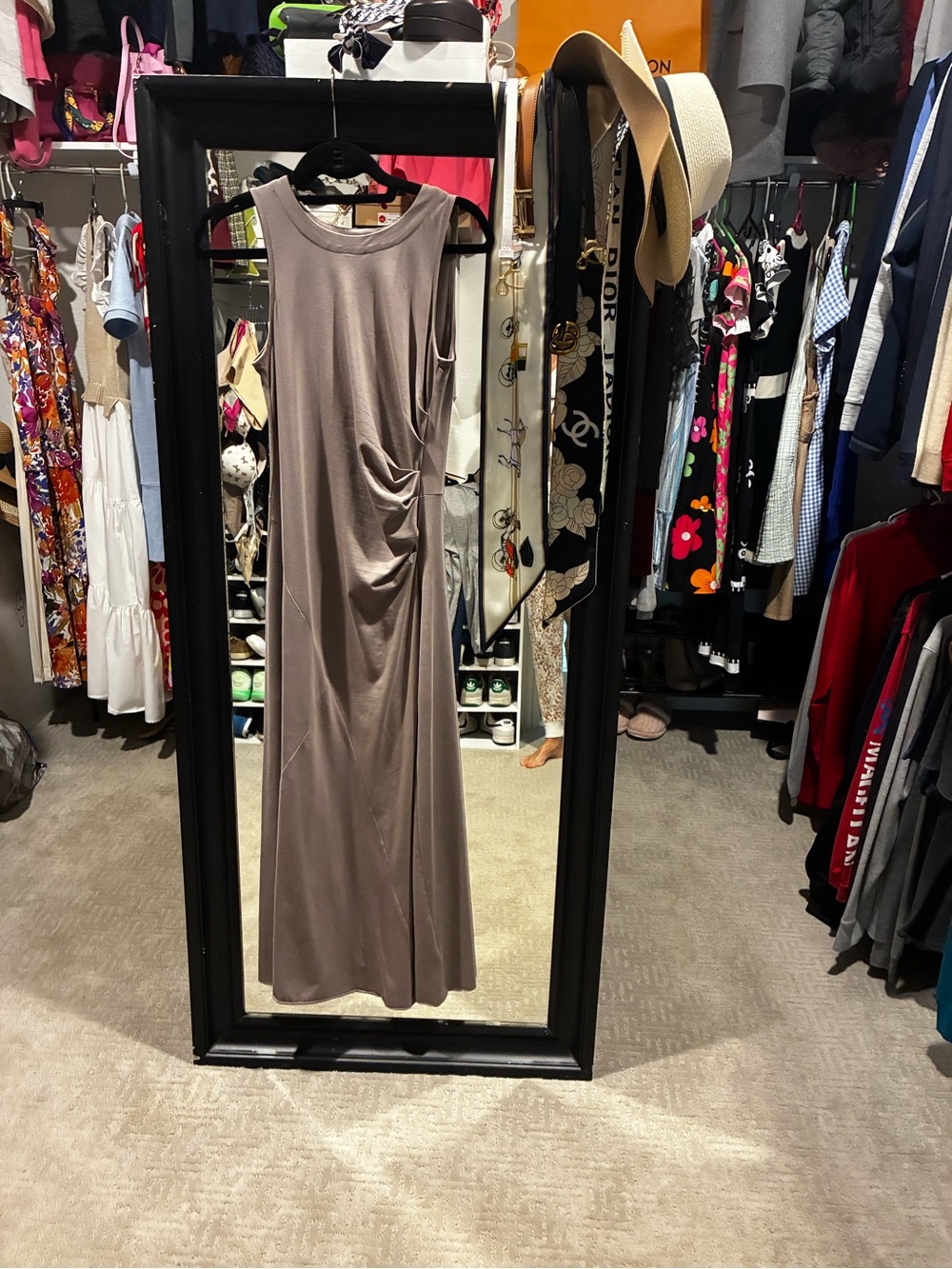 Sleeveless Taupe Maxi Dress with Side Gather